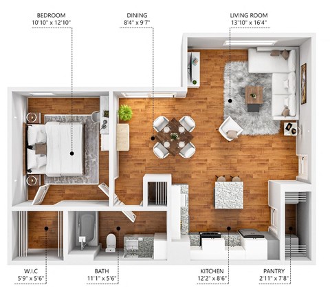 A diagram shows the layout of a small apartment with a bedroom, dining area, living room, kitchen, bathroom, and pantry.